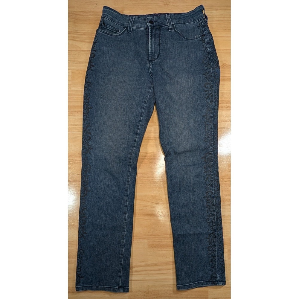 NYDJ Skinny Jeans Womens 8 Medium Wash Blue Flocked Damask Side Trim Made in USA